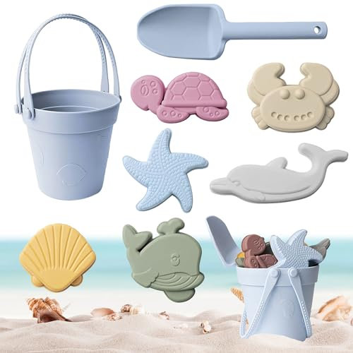 Golgner 8 pcs Ensemble de Jouets de Sable en Silicone, Ensemble de Jouets de Plage en Silicone, Jouet de bac à Sable avec Seau, Pelle, moules à Sable, pour garçons et Filles