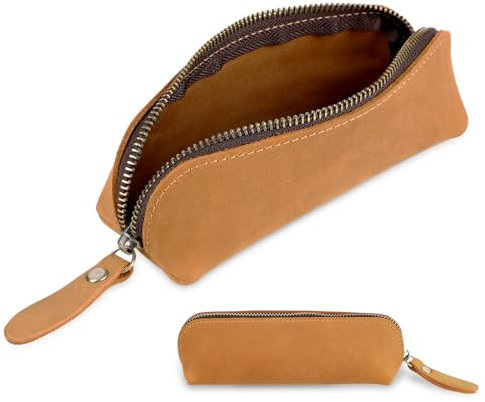 Andibro Vintage Federmäppchen aus Echtem Leder,Federmäppchen aus Genarbtem Leder mit Reißverschluss Handgefertigte Stifttasche Tragbar Bleistift Organizer Schreibwarentasche für Geschäftsleute (Braun)
