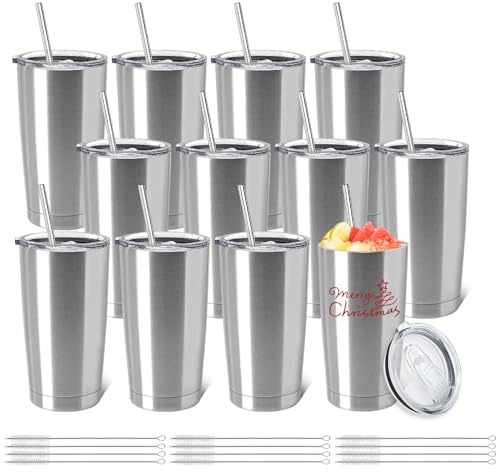 YOUKE OLA 12 Pack Insulated Coffee Tumbler Stainless Steel Double Wall Vacuum Travel Tumbler Cup with Lid and Straw for DIY Gift, Silver 20oz