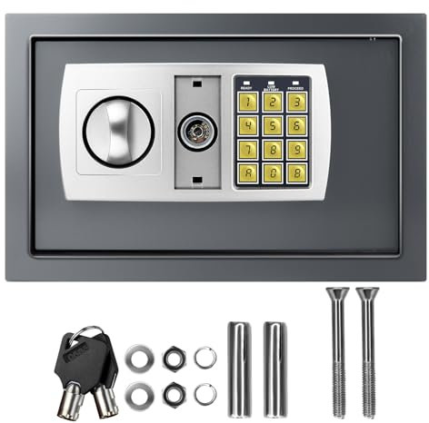 Tresor mit 2 Schlüssel und Elektronikschloss Wandtresor Feuerfest Wasserdicht Elektronischer Safe Eisenstahl Safe Schranktresor für Geschäft Bargeld/Geld/Schmuck/Wertsachen 8.5L Grau