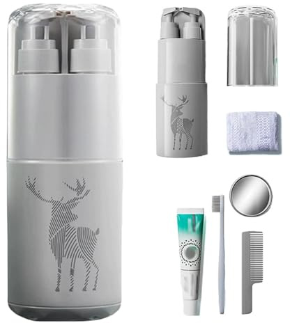 Resetoalettkopp set – läckagesäker påfyllningsbar toalettbehållare set | 8-i-1 resande tandborste kopp set | läckagesäker och hygienartiklar förvaringssats för badrum camping, resor, Sc, Grått, Refer
