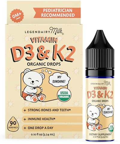 Legendairy Milk Vitamin D Drops for Infants, Organic Baby Vitamin D3 K2 Liquid 400 IU, Vegan for Newborns Toddlers & Kids, Childrens Supplement for Strong Bones & Teeth, Sugar Free, 90 Servings