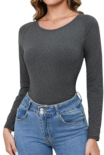 Terecey Camiseta Deportiva Mujer Manga Larga Cuello Redondo Gris Oscuro