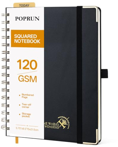 POPRUN Cuaderno de Notas con Espiral, Página de Cuadrícula, Tamaño A5, Papel Grueso de 120 GSM, 141 Páginas Numeradas, con Bolsillo, Pestañas de Indice, 8 Hojas Perforadas, Negro