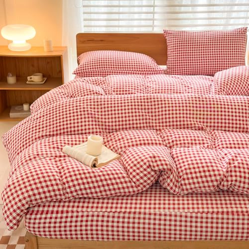 Juego de ropa de cama de 135 x 200 cm, diseño geométrico de cuadros rojos, 8 mm, funda nórdica de 135 x 200 cm y funda de almohada de 80 x 80 cm, diseño de cuadros