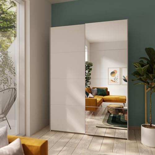 FORTE Schach & MATT 2 Kleiderschrank 150, moderner, 2-türiger Schrank mit Spiegel, Holzwerkstoff, Schwebetürenschrank, Weiß, 150,1 cm breit, 210,5 cm hoch, 61,2 cm tief