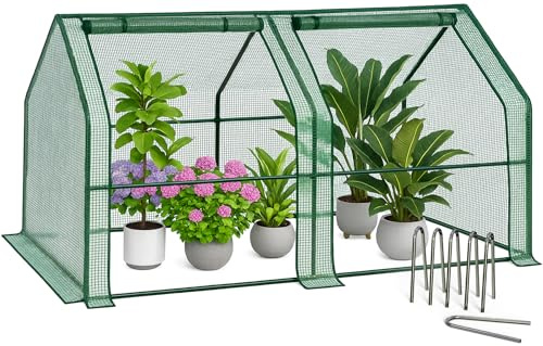 VOUNOT Invernadero de Jardín Mini 180x90x90 cm, con Techo en Punta y 2 Ventanas Enrollables con Cremallera, Cubierta PE Reforzada de 135g/m², para Semilleros, Plantas, Flores y Verduras, Verde