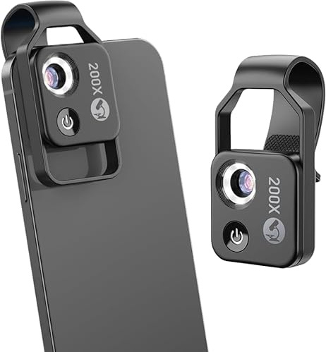 Qinux Zoomzip – Lente de Microscopio Portátil 200X para Smartphone con Clip Ajustable, Captura Alta Resolución (Negro)