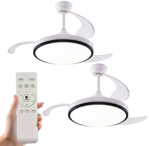 Well Home 2x Ventilador de Techo con Luz LED Ø53x30cm - Aspas retráctiles, Silencioso, 6 Velocidades, Mando a distancia y luz regulable 3 Tonos