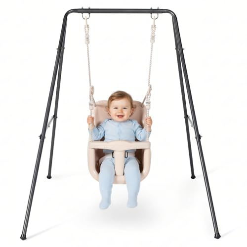 HyperMotion Altalena per neonati e bambini con cintura di sicurezza in piedi per casa e giardino corde regolabili design stabile beige da 6 mesi
