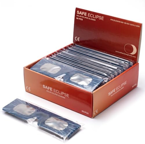 SAFE ECLIPSE 2/6/12/50-pack, solförmörkelseglasögon, 45 mm båghöjd, passar över glasögon med styrka, testade enligt EN ISO 12312-2:2015, CE-märkta för säker direkt solobservation – Hyper Drive