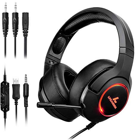 LYCANDER Auriculares de diadema con luz LED y micrófono, cascos con cable, entrada de 3.5mm (para PC, PS4, Xbox One, Nintendo Switch y más), Avanzado - Negro Naranja
