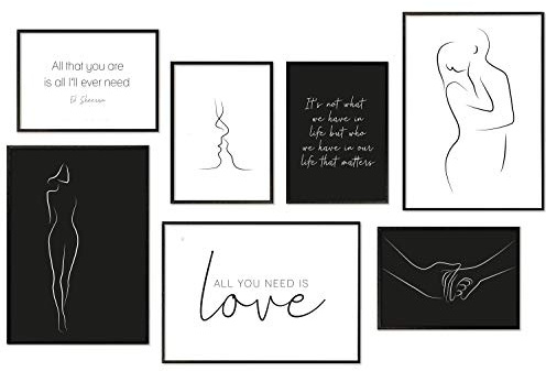 Hyggelig Home Poster Set - 7 passende Bilder im stilvollen Set als Wohnzimmer Deko - Fotocollage Wandposter - 3 x DIN A3 + 4 x DIN A4 - Line Art ohne Rahmen