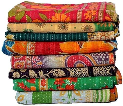 Estationeryhouse Indian Vintage Kantha Quilt Handmade Throw Reversible Blanket Bedspread Cotton Fabric BOHEMIAN quilt (1)