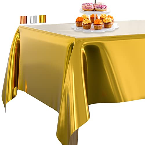 PartyWoo Tischdecke Gold Folientischdecke, 137 x 274 cm/ 54 x 108 Zoll Rechteckige Party Tischtuch Abwaschbar für 6 bis 8 Fuß Tisch, Tischtuch, wasserdichte Tischdecke für Geburtstag (1 STÜCK)