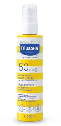 Mustela Spray Latte Solare Spf 50, Viso, Corpo, Con Avocado e Vitamina E, Neonati, Bambini, Tutta la Famiglia, Adatto in Gravidanza - Protezione Molto Alta dai Raggi UVB e UVA (200ml)