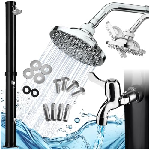 tectake® Soldusch 40L med soluppvärmd utomhusdusch med tank, 360° regnduschhuvud, steglös blandare, utomhusdusch för pool & trädgård - Svart