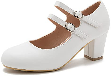 Women's Mary Jane Pumps Double Strap Chunky Block Heel Closed Round Toe Dress Office Work Bridal Wedding Party Shoes White Matte 43-10US