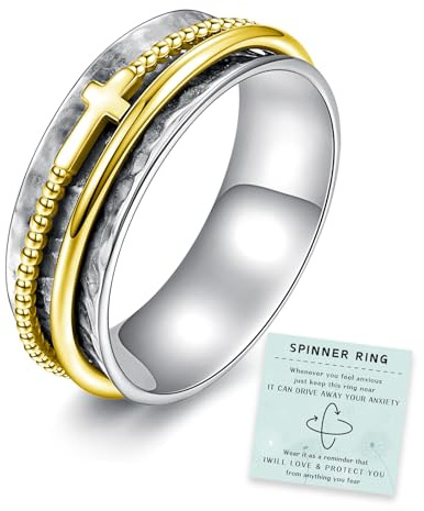 Sariel Cross Anxiety Ring for Women - 925 Sterling Silver Spinner Rings Anti Stress Fidget Rings Band Wide Hammered (Gold, 9)
