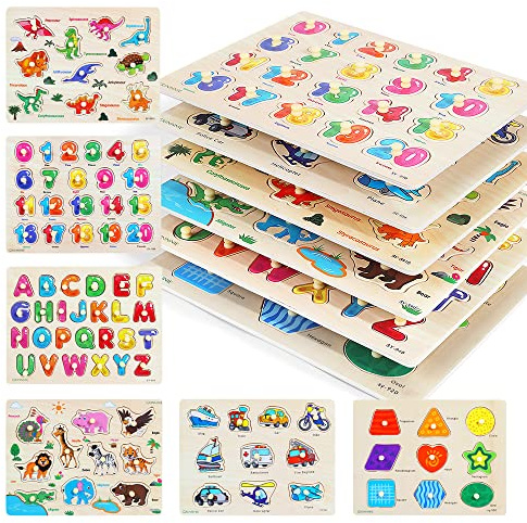 GRINNNIE Wooden Peg Puzzle for Toddlers, 6 Pack Toddler Puzzles Set for 3 4 5 Years Old (Alphabet Number Shape Animal Dinosaur Vehicle), Preschool Education Learning Puzzle Toys for Girls and Boys