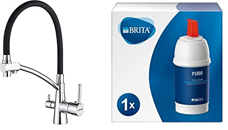 Ibergrif M22128-2 - 3 Wege Küchenarmatur, Chrom, Silver & BRITA Filterkartusche P1000 – Filter für BRITA Armaturen zur Reduzierung von Kalk, Chlor & geschmacksstörenden Stoffen im Leitungswasser