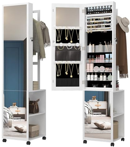 Hzuaneri 8 LEDs Mirror Jewelry Cabinet Armoire, Jewelry Organizer with Garment Rack, Lockable Full-length Mirror with 4 Wheels, Storage Shelves with Hooks, 5-in-1, White and Black JC17003B