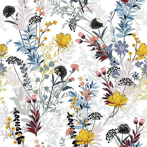 VEELIKE Papier Peint Feuillage Bleu Papier Peint Fleur Blanc Adhésif pour Meuble Salle de Bain Imperméable Mural Stickers Adhesif Feuilles Tropicales Mural Stickers Meubles Chambre 44,5cm x 300cm