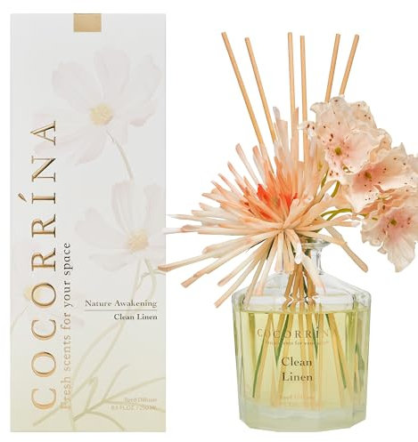 COCORRÍNA Fiore Diffusore Profumo Ambiente con 8 Bastoncini di fragranza 250ml- Clean Linen, naturale, di Lunga Durata, per la Camera da Letto, L'Ufficio, Il Bagno (Collezione Master)