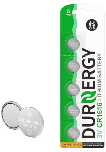 DURNERGY CR1616 Battery 5-Pack, CR 1616 3V Lithium Button Cell Batteries Individual Wrapped for Car Remote, Key Fob, Watch Calculator Replacement for ECR1616, 1616, DL1616B, BR1616, DL1616
