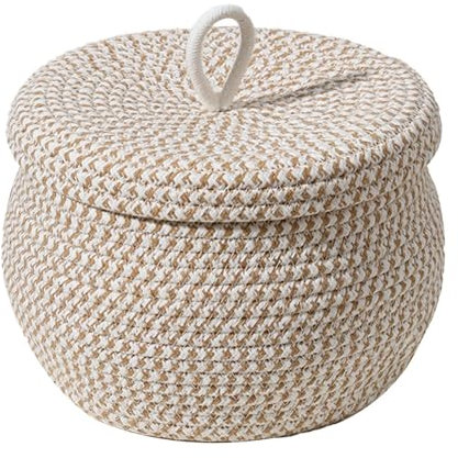 Small Rope Storage Basket Round Cotton Rope Basket With Lid | Woven Baskets For Storage | Woven Organizer Basket With Lid | Woven Shelf Storage Baskets For Organising Toys, Yarn, Nursery E-ssentials