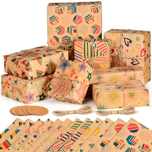 12 x Gift Wrapping Paper Sheets - Recyclable Kraft Birthday Wrapping Paper Set with Tags Strings for Female, Men, Boys, Girls, Kids