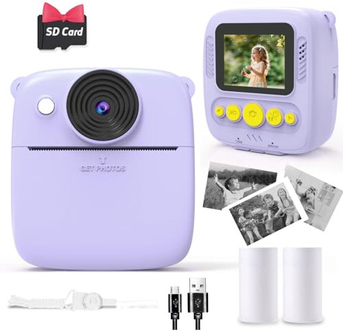 NUOTUN Sofortbildkamera Kinder, Kinder Kamera mit Fotos drucken, 2,0 Zoll HD Bildschirm, 8X Zoom, 1080P Digitalkamera mit Druckpapier & Karte, Kinderkamera Geschenk mädchen & Junge 3-12 Jahre (Lila)