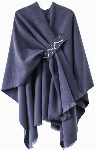 Shmily Girl Poncho Femme Tricot Cape Réversible Couverture Elégante Epaule Chaude Echarpe Tricotée Manteau pour Printemps Automne (Bleu marine avec diamant chaud)