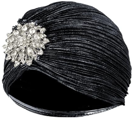 Meleager Damen Turban Hut mit Kristall Brosche,20er Jahre Hut Exotisch Glitzer Elastische, 1920s Damen Fasching Kostüm Accessoires(Schwarz)