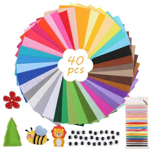 Xmart 40 Colours Filz zum Basteln 20 X 30 cm Filzplatten mit 2 Farbiger Stickwatte und 30 Augenaufklebern Filzstoff Craft Felt Bastelfilz Bunt for DIY Crafts Sewing Projects Patchwork