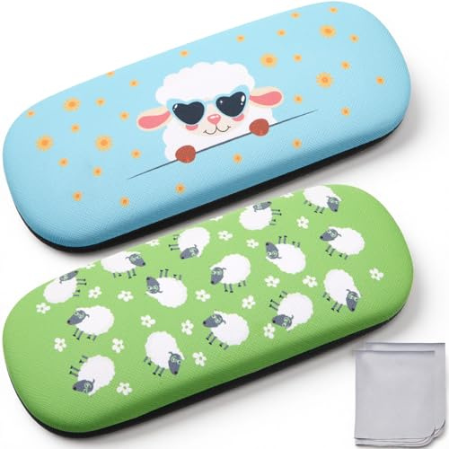 2 Pack Hard Shell Glasses Case for Women, Cute Animal Eyeglass Holder with Microfiber Cleaning Cloth, Slim Protective Spectacle Box for Reading Glasses Sunglasses Travel Handbag Gift(Sheep)
