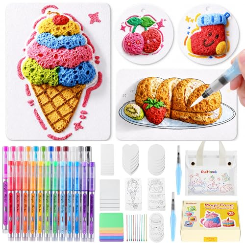 RuiHawk Kit di Pittura a Texture Schiuma 3D Magica da 75 Pezzi – Crea con Puffy Paint e 24 Pennarelli Auto-Flow, 38 Fogli Texture e Perline, Kit Creativo e Regalo per Bambini 5, 6, 7, 8, 9 Anni
