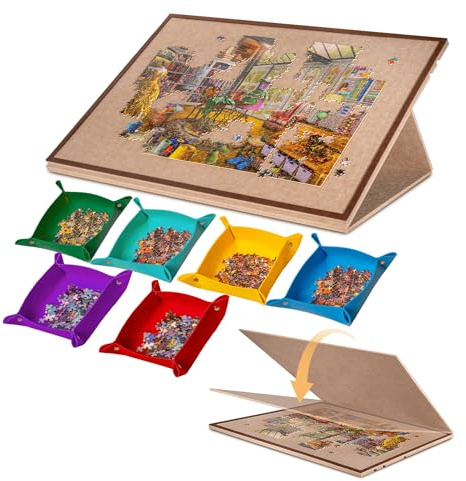 Jigpal Planche de puzzle inclinable avec support et housse 2 en 1, table de rangement en feutre léger avec 3 angles réglables, 6 plateaux de tri pour jeux de puzzle jusqu'à 1500 pièces