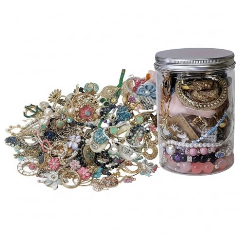 Set di gioielli a sorpresa in barattolo - Set di 30 pezzi in lega d'argento (orecchini, collane, anelli, fermagli per capelli) - Barattolo trasparente con coperchio argentato, ideale come regalo e
