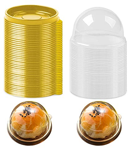 xocome Mini Cake Box, Cupcake Container, Mooncake Boxes Muffin Pod Dome Muffin Single Cupcake Holders Individual Cupcake Containers (Golden, 50pc)