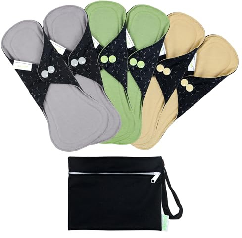wegreeco 6 Pcs Reusable Menstrual Pads, Ultra Absorbent Cloth Pads for Heavy Flow, Sanitary for Teens, Women, Nonslip Panty Liners + Bag (Mustard Yellow, Grey, Beige, S)