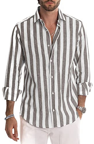 Meilicloth Chemise Homme Rayée ete Automne Coton Manches Longues Casual Western Regular Fit Marrone Blanche XXL