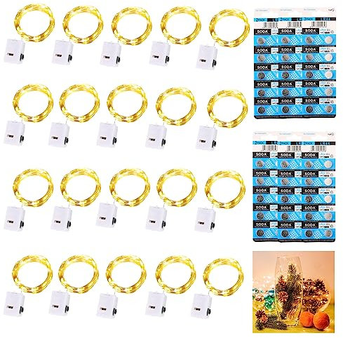 Dooozy 20 Stück Micro LED Lichterkette und 120 Batterie, 2M 20 Led Lichterkette 3 Modi Batterie Kupfer Drahtlichterkette Wasserfest für Weihnachten Außen Garten, Innen Hochzeit, Party(Warm Weiß)