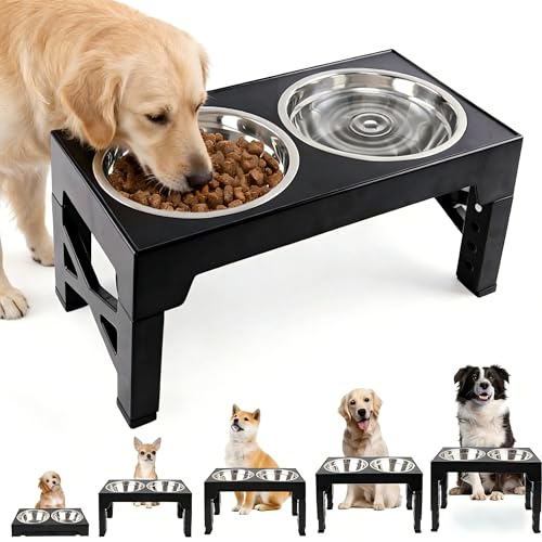 Bol pour chien surélevé réglable en hauteur avec 5 hauteurs Support de bol pour chien avec 2 bols pour chien Bol d'alimentation en acier inoxydable pour grands, moyens et petits chats et chiens Noir