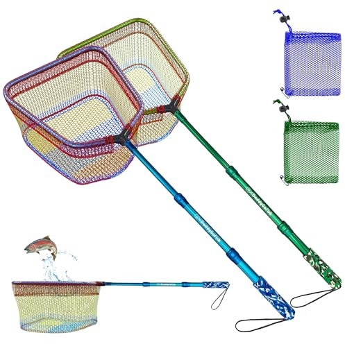 DaddyGoFish fiskenät för barn – utdragbart teleskopiskt landningsnät för pojke flicka barn som fångar liten fisk krabba räkor spigg slända strand pirer sjö flod hav (stil 2 (2-pack, blå + grön))