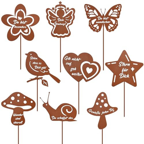 Otuuz Set de 9 Pièces Piquets Rouilles de Jardin Piquet Rouille Décoratif de Pelouse Figurine de Jardin Rouille Piquet Antirouille en Métal pour Décoration de Terrasse Balcon Cour Patio Pot de Fleur