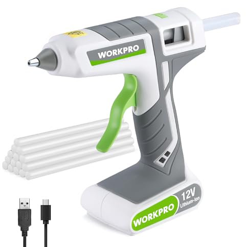WORKPRO Pistola Colla a Caldo, Pistola per Colla a Caldo Senza Fili da 12 V, con 20 Stick di Colla (11 * 200 mm), Preriscaldamento Rapido, per Fai da Te