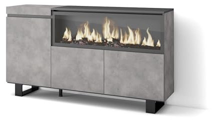 Skraut Home | Aparadores para salón | Gran Capacidad de almacenaje | 160 | 3 Puertas | Chimenea eléctrica XXL | Diseño Industrial | Estilo Moderno | Cemento