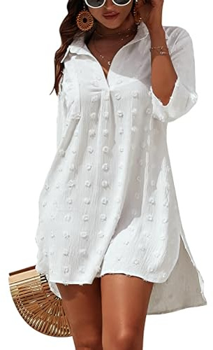 Figarge strandklänning dam bikini cover up V-ringad bomull strandtunika sommar pareos button down strandponcho baddräkt strand