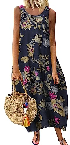 Maxikleid Damen Sommer Ärmellos Blumen Ballonkleid Damen Sommer Lang Elegant Sommerkleider Damen Leicht Und Luftig Kleid Frauen U Ausschnitt Sommerkleid Locker Lässig StrandKleid Blumenkleid